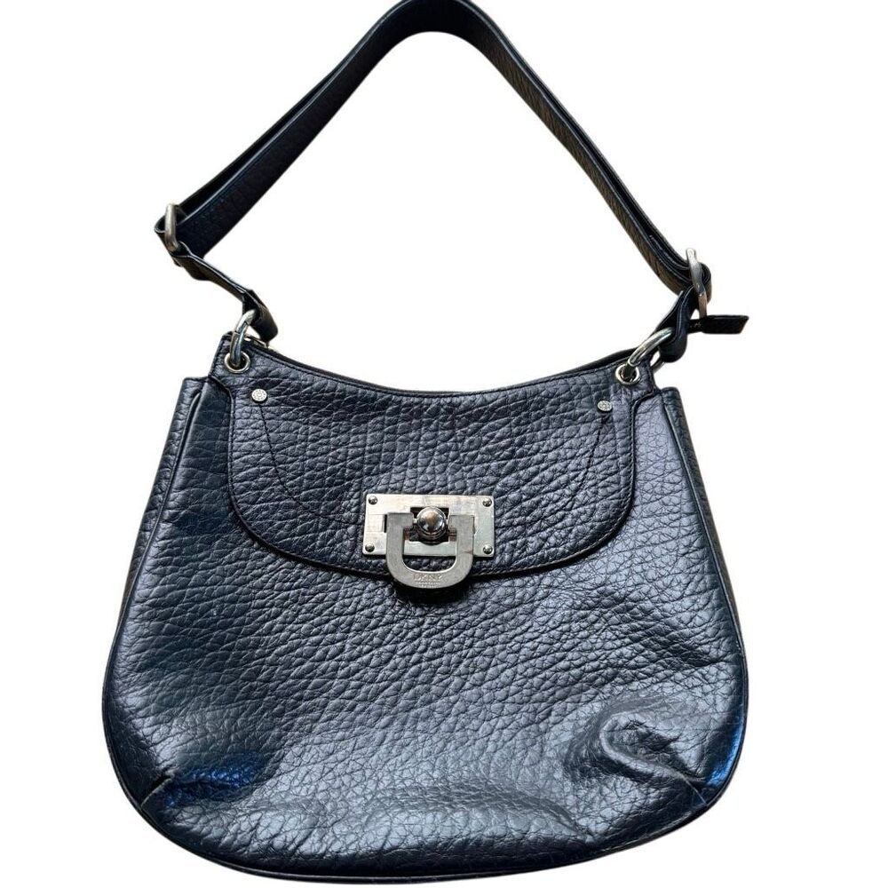 Vintage Y2K DKNY Black Pebbled Leather Structured Shoulder Bag Turn Lock Silver